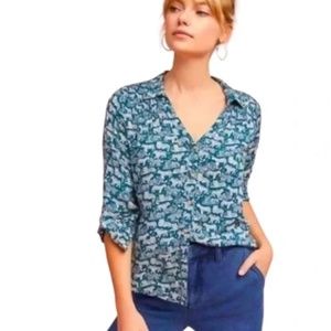 Maeve by Anthropologie Emory Teal Tiger Print Button Front Blouse Top Size 8
